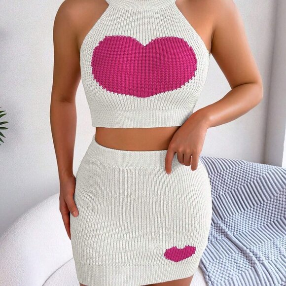 White Casual Womens Heart Pattern Crop Knit Top & Knit Skirt - Picture 5 of 5